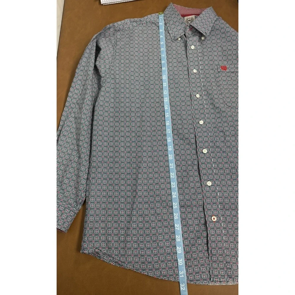 Cinch Shirt Mens Medium Red Blue Geometric Cotton Button Up Western Rodeo Dress